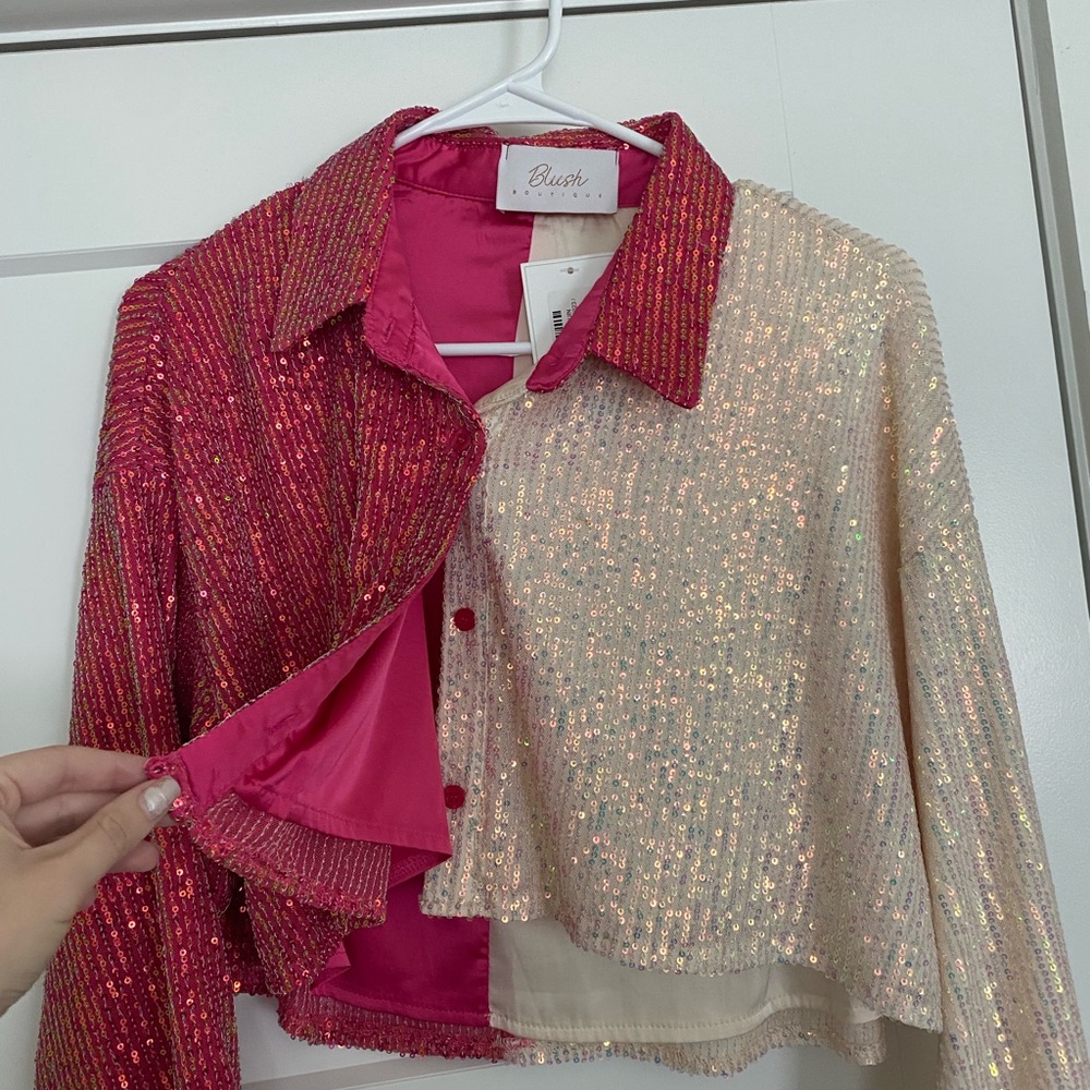Blush Boutique Sequin Button up Top in Pink and Cream - Picture 4 of 7